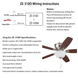 Akahttbn Ceiling Fan Light Zing Ear ZE-310D Lamp Holder with Bronze ZE-109m Pull Switch (660W)