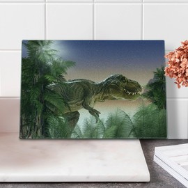 Ambesonne Jurassic Cutting Board, Dinosaur in the Jungle Trees Forest Nature Woods Scary Predator Horror Theme, Decorative Tempered Glass Cutting and Serving Board, Small Size, Peach Green Blue