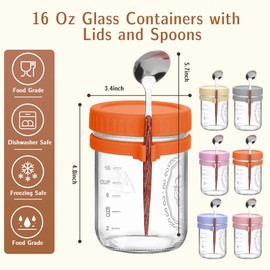 Jeitae 6 Pack Overnight Oats Containers with Lids and Spoon, 16 oz Glass Mason Jars, BPA-Free,Reusable,Large Capacity Airtight, Leak-Proof Meal Prep Jars for Oatmeal, Milk, Cereal, Fruit, Yogurt