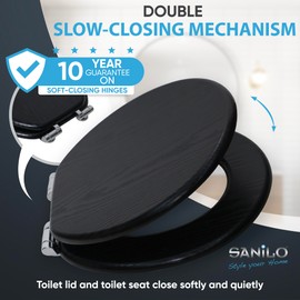 Sanilo Toilet Seat ROUND with Soft Close, Quiet and Slow Close Lid and Seat, Strong Bumpers and Hinges, Black Wood