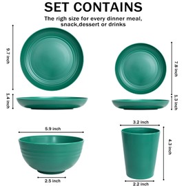 LIYH 24pcs Wheat Straw Dinnerware Set of 6 Plates and Bowls Set Reusable Plastic Reusable Beige Plates Camping Plates Cups and Bowls Set Unbreakable Dinnerware Set（Green）