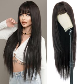 7JHH WIGS 34inch Surper Long Straight Natural Black Synthetic Layered Wigs with Bang Heart Resistant Fiber Hair 140% Density Long Wigs for Women Daily Party Anime Cospaly Used