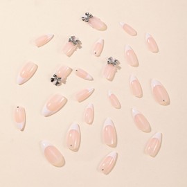 RIICFDD Bow Nail Charms Designs Fake Nails Almond Press on Nails French Tip False Nails Short Acrylic Nails Nude Pink Cute French Pearls Press on Nail Full Cover Glue on Nails for Women Girls 24 Pcs
