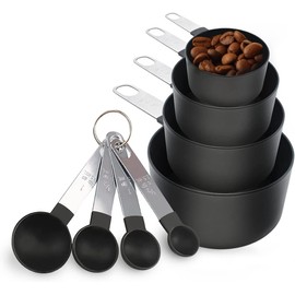 Norhogo 8 teiliges Messbecher und Löffel Set, Küche Backen Messgerät Messlöffel Kochzubehör für Trockene und Flüssige Zutaten schwarz