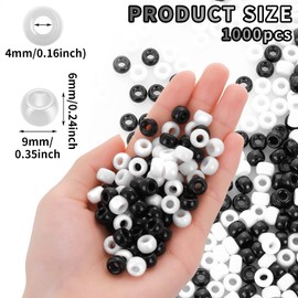 Prasacco 1000 Pieces Pony Beads Black and White Hair Beads for Braids 6 x 9mm Plastic Opaque Kids Barrel Pony Beads for Craft Bracelets Jewelry Making
