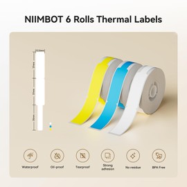 NIIMBOT 6 Rolls Cable Labels Maker Tape for D11/D110/D101 Label Maker, 0.49'' x 4.29'' -65 Tapes/Roll, Thermal Label Tape for Home Office Labeling Tape Replacement (White Yellow Blue)