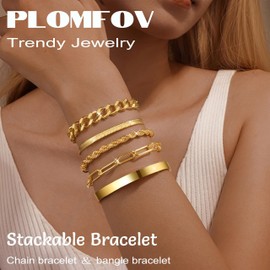 PLOMFOV Gold Bracelets for Women Stack Non Tarnish 14K Gold Plated Chunky Bangles Bracelet Set Rope Paperclip Chain Cuban Herringbone Link Dainty Trendy Waterproof Stackable Cuff Bracelets Jewelry Gifts for Women