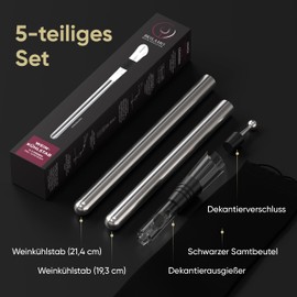 Brilamo Wine Cooling Stick, Stainless Steel Wine Cooler, 5-Piece Set Including 2 Sticks with Velvet Bag, Decanting Pourer and Stopper, Easy to Cool Wine