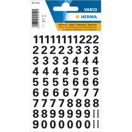 HERMA 4159 Zahlen Aufkleber schwarz 0-9, Schriftgröße 10 mm, 71 Stück, selbstklebend, wetterfest, klein, Nummer Ziffer Klebezahlen Sticker Hausnummern aus Folie zum Aufkleben, transparent