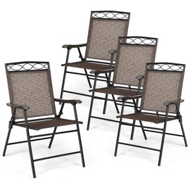 Giantex Set of 4 Patio Folding Chairs, Outdoor Dining Chairs for Camping, Beach, Backyard, Deck Portable Dining Chair w/Armrest and Metal Frame, 4-Pack Patio Chairs (Brown)