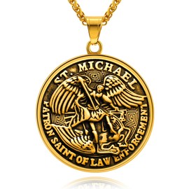 Hoyazvet The Great Protector Archangel Defeating Satan Figurine Archangel Medal Pendant Jewelry with Chain Gold Saint Michael Necklace for Men