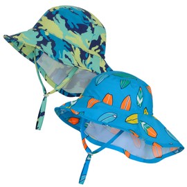 Saint Eve Kids Toddler Sun Hat – Infant UPF 50+ Wide Brim Hats with Neck Flap and Adjustable Fit – Lightweight with Breakaway Chin Strap – Bright Prints – Boys Girls, Blue Combo Pack