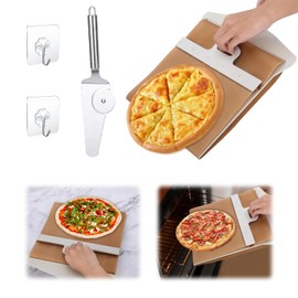 12 inch Sliding Pizza Peel, Wood Pizza Slider Shovel with 2 in 1 Pizza Roller Spatula 2 Hooks, Pizza Slide Tool Pizza Slider Paddle, Non-Stick Pizza Peel Pizza Slider Tray Pizza Transfer Shovel