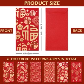 48Pcs Chinese New Year Red Envelopes Spring Festival Lucky Money Pocket Red Gold Foil Pattern Hong Bao for Party Wedding Chinese Lunar Year Supplies, 6 Design