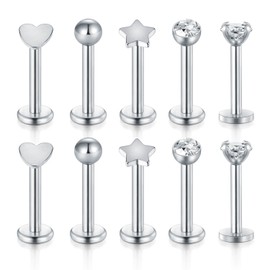 Funseedrr 5 Pairs of Stainless Steel Piercing Studs, 16G, 8 mm, Heart, Star Shaped, Lip, Labret, Tragus Helix Piercings, Silver Jewellery, Stainless Steel, Without Stone
