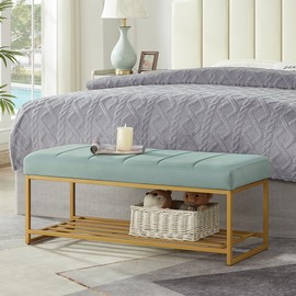24KF Seaglass Velvet Upholstered End of Bed Bench with Metal Shelf, Modern Tufted Channel Entryway Bench Footboard Bench for Living Room, Bedroom, Gold Bench,5036-Seagalss