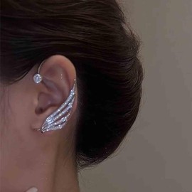 Aneneiceera Vintage Crystal Wing Cuff Wrap Earring Silver Cz Wing Ear Climber Earrings Rhinestone Crawler Earrings Punk Wing Cuff Clip Earrings Jewelry for Women (Left)