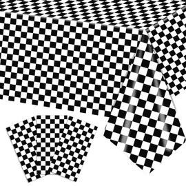 3-Piece 54 x 108 Inch Checkered Plastic Tablecloth - Black and White Disposable Rectangle Table Cover for Dining, Birthday Party, Racing Theme Events, Classic Checker Indoor Outdoor Decorations