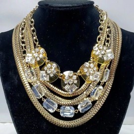 SHOP HQ multi chain and crystal station gold tone necklace 6 strands NWT