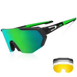 Queshark Polarised Cycling Glasses with UV Protection, 3 Interchangeable Lenses for Men / Women, for Outdoor Activities such as Cycling, Running Climbing, Driving, Fishing, Golf, Green