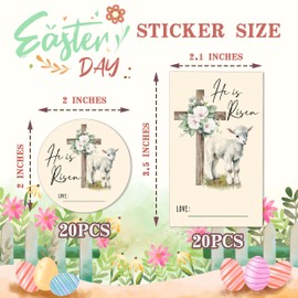 Happy Easter Stickers for Kids, He is Risen Stickers, Floral Religious Stickers Label, Self-Adhesive Stickers for Easter Holiday Party Gift Bags Snack Bags, 20 Round and 20 Square Stickers-C10