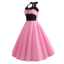Women 50s Vintage Polka Dot Halter Neck Cocktail Swing Dress Buttons Backless Retro 1950s Rockabilly Audrey Hepburn Tea Party Prom Dress Color Block Spring Wedding Dance Evening Gown Hot Pink L