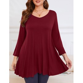 LARACE 3/4 Sleeve Tops Plus Size Tunics V Neck Solid Shirts Flowy Women Clothing for Leggings(Wine Red 3X)