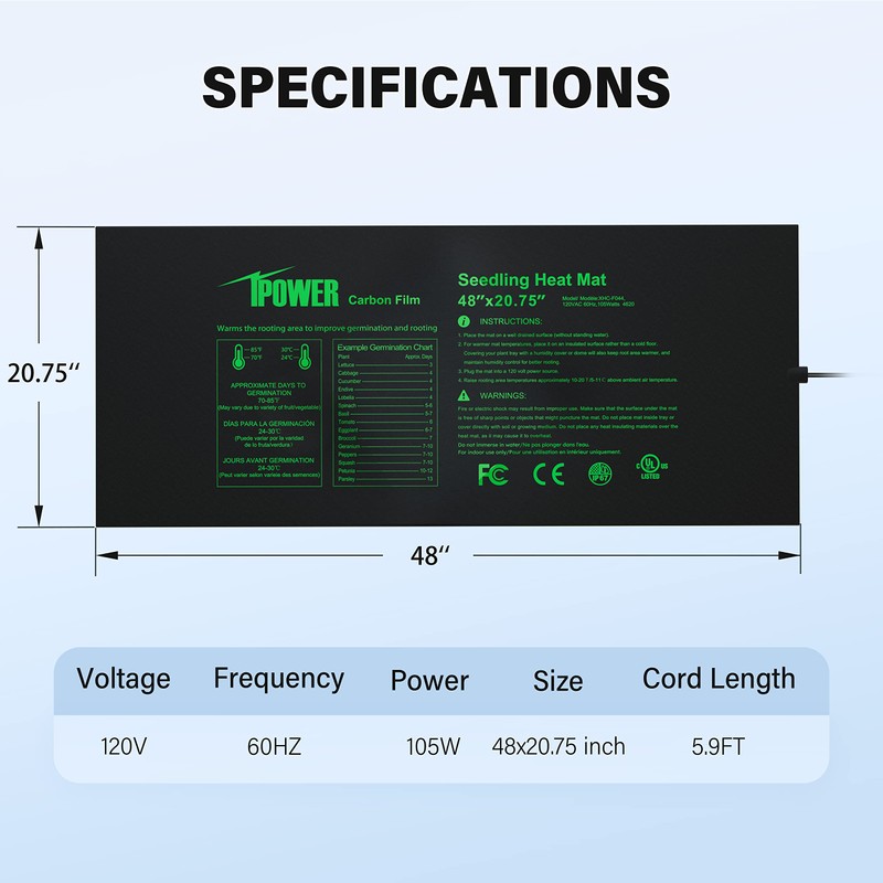 iPower 48” x 20.75” Seeding Heat Mat Upgraded Carbon Film