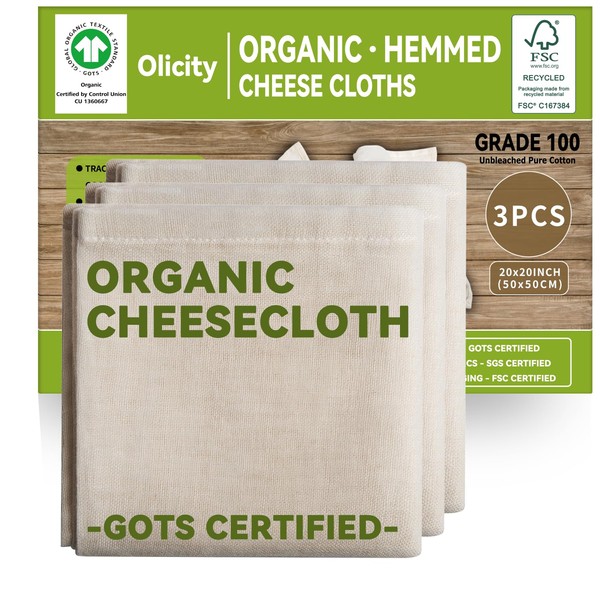 Organic Cheese Cloths, GOTS Certified, 3PCS, Grade 100, 20x20Inch Hemmed