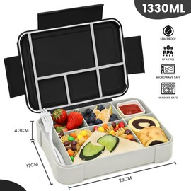Bugucat Children's Lunch Box with Compartments, 1330 ml, Set of 2, Lunch Box Children's Bento Box, Leak-Proof with 6 Compartments, Cutlery Set, Lunch Box for Girls, Lunch Box for Adults, Black / Grey
