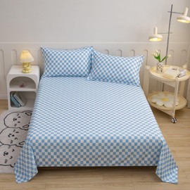 Wellboo Blue White Plaid Bed Sheet Set Full Women Girls Light Blue and White Checkerboard Grid Flat Sheets Modern Dusty Blue Checkered Geometric Fitted Sheet with 2 Pillowcases 4 PCS Luxury Sky Blue
