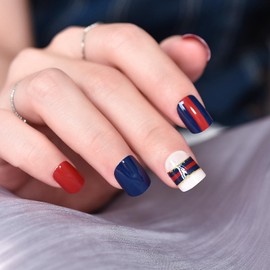 LINSSQ Pre-design Red Blue Press on Nails, Short Squoval Glossy False Nails, Beauty Manicure Kits Reusable UV Gel Fake Finger Multicolor Nail Art Tips for Daily Office Party