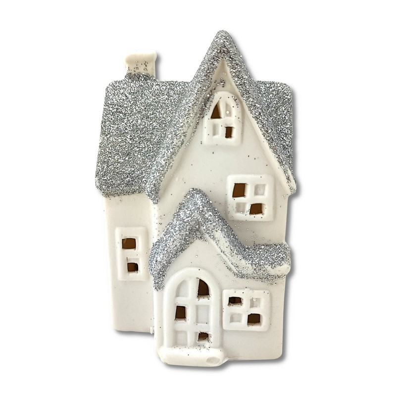 DARO DEKO Ceramic LED House - White Silver Glitter -