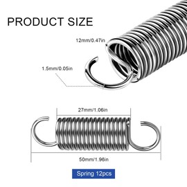 Tension Springs with Hooks Stainless Steel 50 x 12 x 1.5 mm Pack of 12