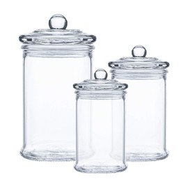 Suwimut Set of 3 Glass Apothecary Jars with Lids, Clear Glass Canisters Set Bathroom Storage and Organization Jars for Qtips, Cotton Swabs, Cotton Balls, Bath Salts