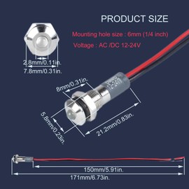 DMWD 12-24V 6mm Raised Head LED Indicator Light 1/4" Waterproof White Signal Lamp Pilot Dash Directional Car Truck Boat with Wire 5Pcs