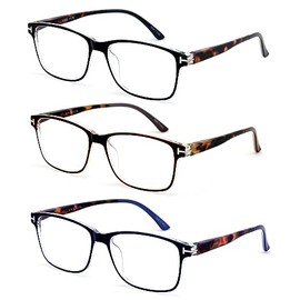 V.W.E. 3 Pairs Lightweight Slim Comfortable Readers - Tortoise Temple Clear Lens Reading Glasses 7018 (Black Brown Blue, 1.50)