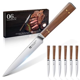 Purple Dragon Steak Knives Set of 6 - Smooth Edge Non-Serrated Blade with Square Wooden Handle – Elegant, Balanced, High Carbon German Steel, Ideal for Dining or Gifts