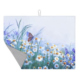 Large Dish Drying Mat for Kitchen Counter,18"X24" Colorful Daisy Flowers Purple Butterfly Absorbent Reversible Microfiber Dish Drying Mat Dish Drainer Mat,Drying Pad for Kitchen Countertop Coffee Bar