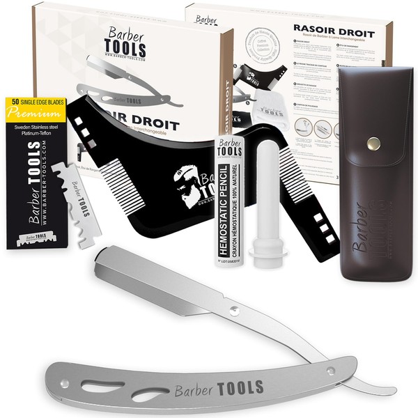 Shaving Set - Razor with Replaceable Blade + 40 Double Blades (80 Single Blades) + Cloth + Alum Stick + Storage Case + Shaving Towel + Stencil Comb