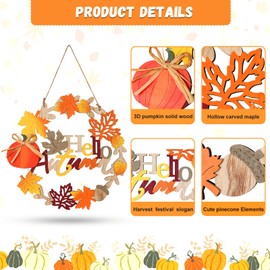 WellSign Fall Front Door Decor, 12 Inch Fall Wreaths for Front Door, 3D Wooden Fall Door Sign Hanging Pumpkin Maple Leaf Wreath with Autumn Sign for Harvest Home Farmhouse Outdoor Indoor Window Wall