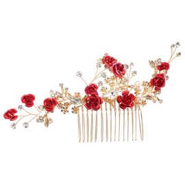 Garneck Red Flower Hair Comb: Brides Elegant Floral Rhinestone Pearl Hairpiece Vintage Decorative Crystal Hairpin For Wedding Party Hair Accessories