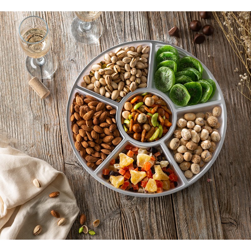 PLASTICPRO 6 Sectional Round Plastic Serving Tray/Platters White & Silver