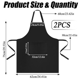 PXBSNB Pack of 2 Aprons, Black, Cooking Apron for Men and Women, Waterproof Kitchen Apron with 2 Pockets, Adjustable Aprons with Long Rope, Apron for Kitchen, Cooking, Baking, Garden, BBQ (Large),