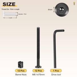 METALLIXITY Furniture Connector Bolt Cap Nut Kit with Wrench(M6-1x75mm) 24Pcs, Connector Bolt M6 Screw Barrel Nuts Binding Screws, for Chair Cabinet Bed, Black