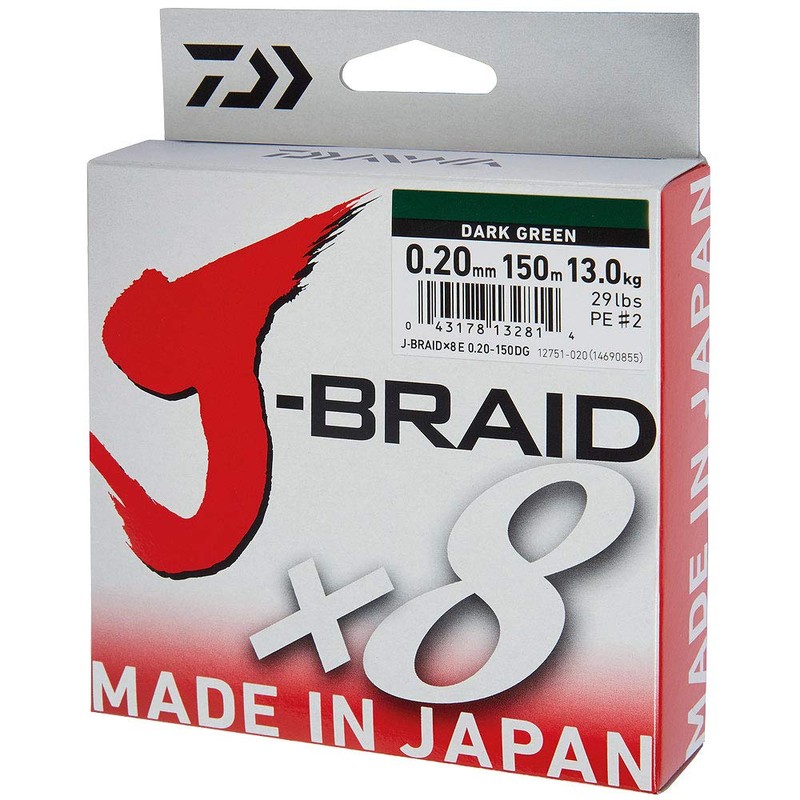 Daiwa J-Braid 8 Braid 0.24mm, 18,0kg/40lbs, 150m dark green