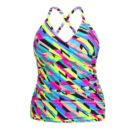 Ocean Blues Women's Neon Striped Push Up Swimuit Top Vneck Tankini Top Only Size XX-Large