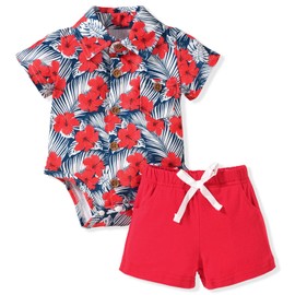 MINIFEIKO Newborn Baby Boy Hawaiian Outfit Beach Shorts Set Clothes for Summer Floral Red