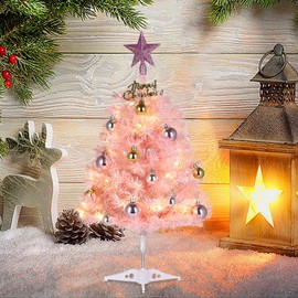 Mini Pink Christmas Tree, 24 Inch Artificial Table Christmas Tree with Lights, Hanging Ornaments, Small Desktop Christmas Tree for Party Supplies, Home Interior Decoration
