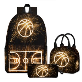Okentiso Back to School Basketball Backpack Set 3PCS – Sporty Bookbag with Lunch Box & Pencil Case, Durable Backpack for Boys Girls Men Teens, Perfect for School Gym or Travel